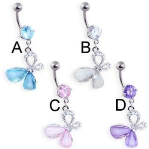   Navel ring with dangling multi gem sideways butterfly, clear: Jewelry