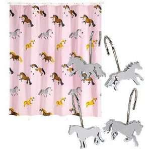 Girls Horse Shower Curtain and Ring Set (Pink Fabric Shower Curtain 