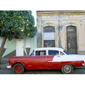 Old American Car Parked on Street Beneath Fruit Tree, Cienfuegos, Cuba 