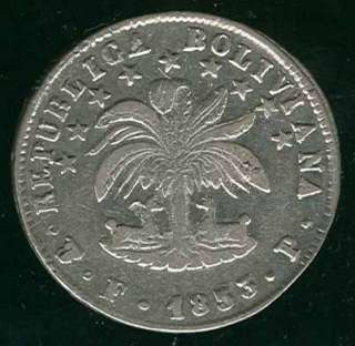 BOLIVIA POTOSI SCARCE BOLIVAR 4 SOLES 1853 FP COIN  