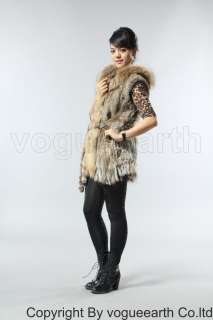 385 new real raccoon rabbit fur nature/black hood vest  