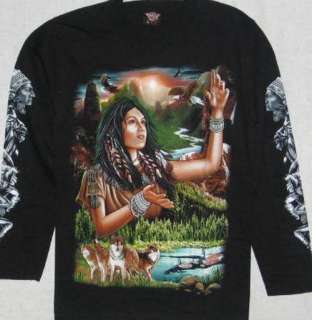NEW Native American Indian Lady Wolf L/S Black T Shirt  