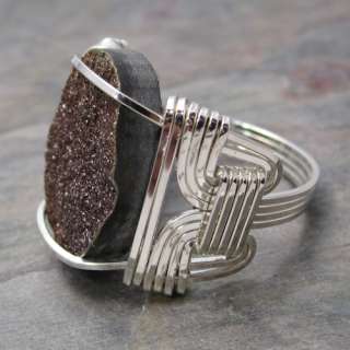 Pyrite Druzy Quartz Cabochon Sterling Silver Wire Wrapped Ring US size 