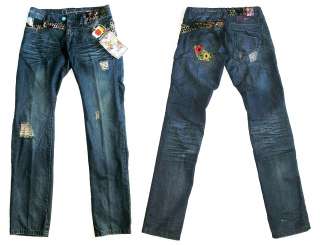 DESIGUAL JEANS BLUE STRAIGHT LEG DISTRESSED PATCHED EMBROIDERED NWT 