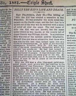 Great BILLY THE KID Outlaw Biography 1881 Old Newspaper  