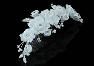 Bridal White Rose Fabric Crystal Hair Comb T1413  