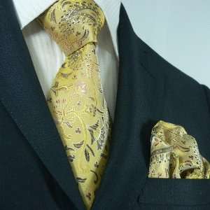  Landisun 69K Yellows Floral Pattern Mens Silk Tie Set: Tie 