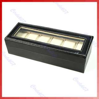 Leather 6 Grid Watch Display Case Box Jewelry Storage Organizer Black 