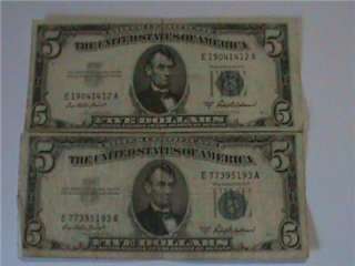 1953 A $5 DOLLAR BILLS (BLUE SEAL) SILVER CERTIFICATE  