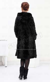   Genuine Mink Fur Long Coat Jacket Hot full length black outwear hoody