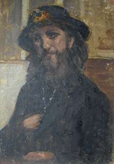 OLD BELGIAN PAINTING c1910 BEARDED MAN WEARING WOMANS FLOWER HAT 