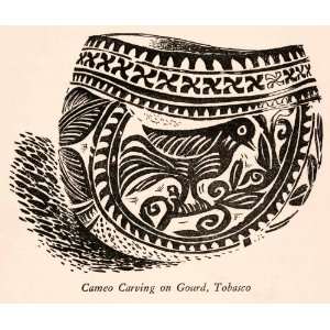  1929 Wood Engraving Carving Gourd Art Tobasco Mexico Bird Pattern 