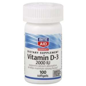  Rite Aid Vitamin D 3, 2000 IU, Softgels, 100 ct Health 
