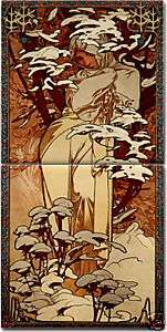 Alphonse Mucha Ceramic Art Nouveau 2 Tile Set Winter  