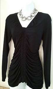 DESIGN HISTORY SAKS BLACK RUCHED SILKY KNIT V NECK LONG SLEEVE S M L 