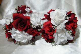 APPLE RED/WHITE CASCADE Bridal bouquet wedding silk flowers 21pc 