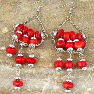Tibet silver red agate chip map bead chandelier strand dangle earrings 