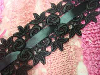   wholesaleVenice black satin ribbon insert rose bud Lace trim  