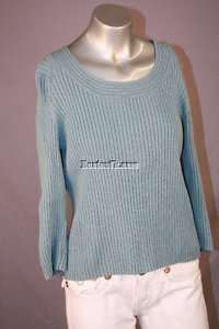 DEANE & WHITE SKY BLUE STRETCH RIBBED 3/4 SLEEVE SCOOPNECK SWEATER 