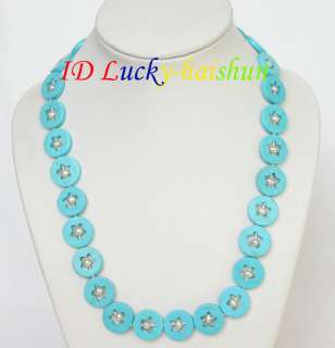 Genuine carved coin turquoise white pearl necklace  
