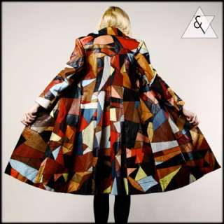 VINTAGE PATCHWORK LEATHER COAT Vtg 70s Op Art Multicolor Dress 