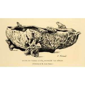  1883 Wood Engraving Frog Bowl Pot Clay Japanese Kouren 