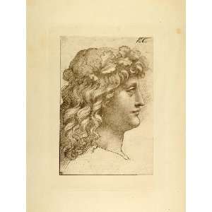  1882 Lithograph Portrait Head Leonardo da Vinci Drawing 