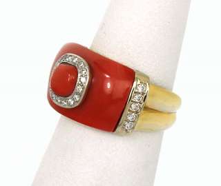 NEW 18K GOLD, DIAMONDS & CORAL LADIES BAND RING  