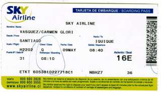 Chile 2010 Sky Airline Ticket   Boarding Pass  