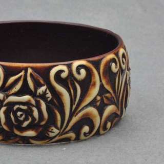 Vintage Smoky Carved Rose Floral Resin Lucite Charm Bangle Bracelet 