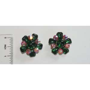 Vintage Costume Jewelry Rhinestone Clip Earrings Green Aurora Borealis