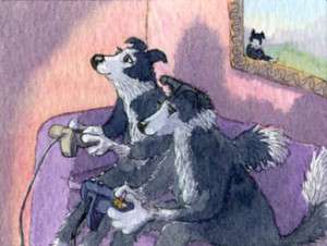 coasters Border Collie dog pup playing video game  
