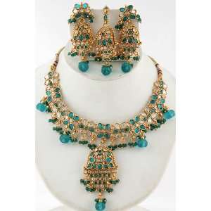 Faux Apatite Polki Necklace with Earrings and Mang Tika Set   Copper 