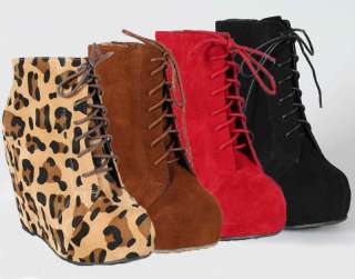 New Hidden Platform Wedge Lace Up Booties Ankle Boot Camilla 5 Leopard 