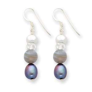 Sterling Silver Botswana Agate/Cultured Pearls/Clear Crystal Earrings 