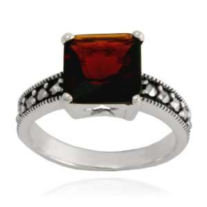   Silver Marcasite and Garnet Colored Glass Square Ring, Size 8 Jewelry