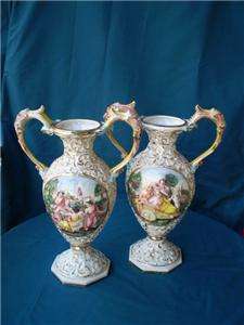 LARGE CAPODIMONTE PORCELAIN PAIR VASES AMPHORA GILTED SIGNED ITALY 