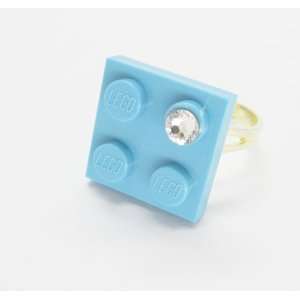    Sea Blue Gray Upcycled LEGO Ring with Swarovski Crystal: Jewelry