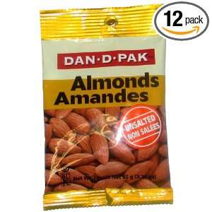 Dan D Pak Unsalted Whole Almonds, 3.25 Ounce Bags (Pack of 12)  