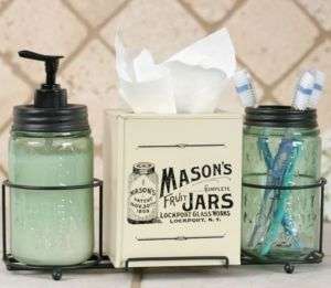 Vintage MASON JAR Soap Toothbrush Tissue BATHROOM SET  
