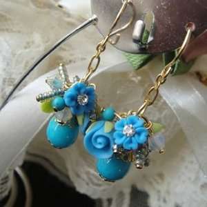   Clay Flower with Colored Crystal Earrings (Aquamarine): Jewelry