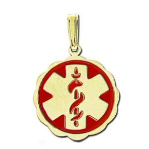    14k Gold Floral Curved Medical Charm W/ Red Enamel Jewelry