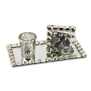 3 Piece Jeweled Mirror Dresser Tray Set with Picture Frame 