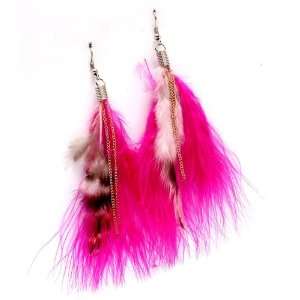 Punk Rock Hot Pink Feather and Chains Earrings