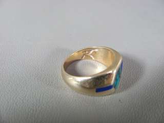 Ray Tracey Navajo 14k Gold Ring with Turquoise & Lapis Inlay Native 