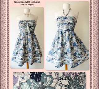   Blue Tone Floral Print Strapless/Halter FULL Flare Skirt Cotton Dress