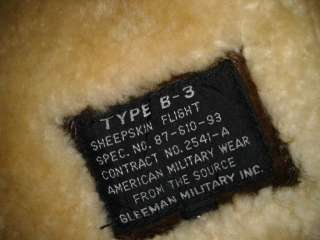 VINTAGE B 3 USAF GLEEMAN MILITARY INC FLIGHT BOMBER SHEEPSKIN LEATHER 