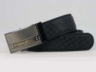 BOSSANJERASU Mens fashion genuine leather belt gray blue check gift 