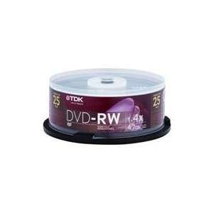 TDK Disc, DVD RW, 4.7GB, 4X, Branded, 25 Pk, Spindle 25/PK 