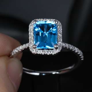 Emerald Cut 6x8mm BLUE TOPAZ & .32ct DIAMOND  14K WHITE GOLD ENGAGMENT 